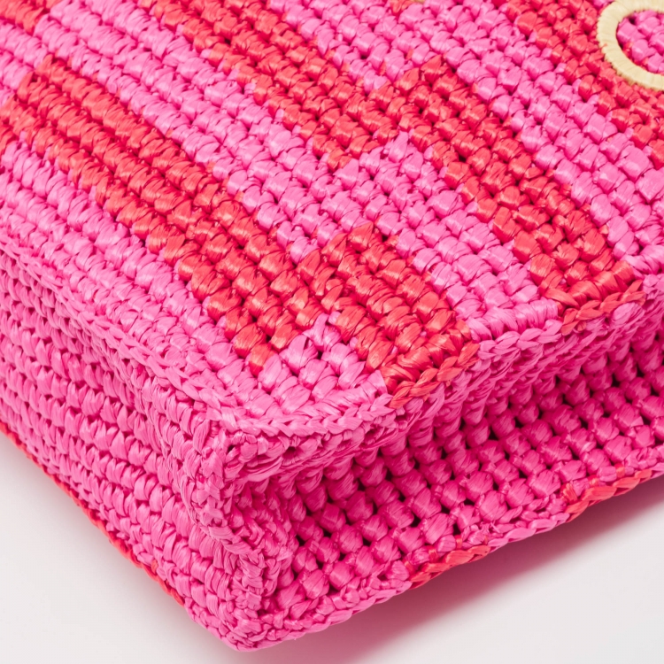 Pre Owned Jimmy Choo Pink/Red Woven Straw Beach Tote 