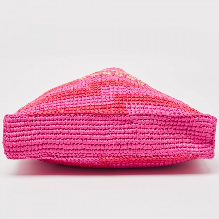 Pre Owned Jimmy Choo Pink/Red Woven Straw Beach Tote 