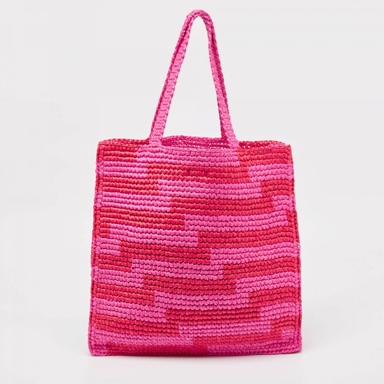Pre Owned Jimmy Choo Pink/Red Woven Straw Beach Tote 