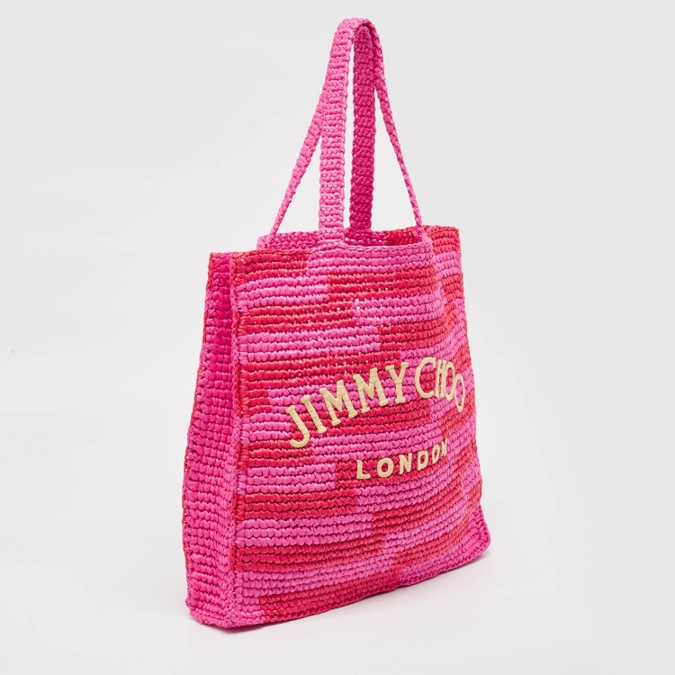 Pre Owned Jimmy Choo Pink/Red Woven Straw Beach Tote 