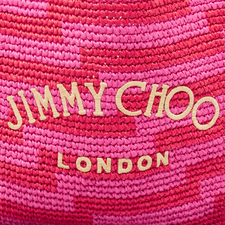 Pre Owned Jimmy Choo Pink/Red Woven Straw Beach Tote 