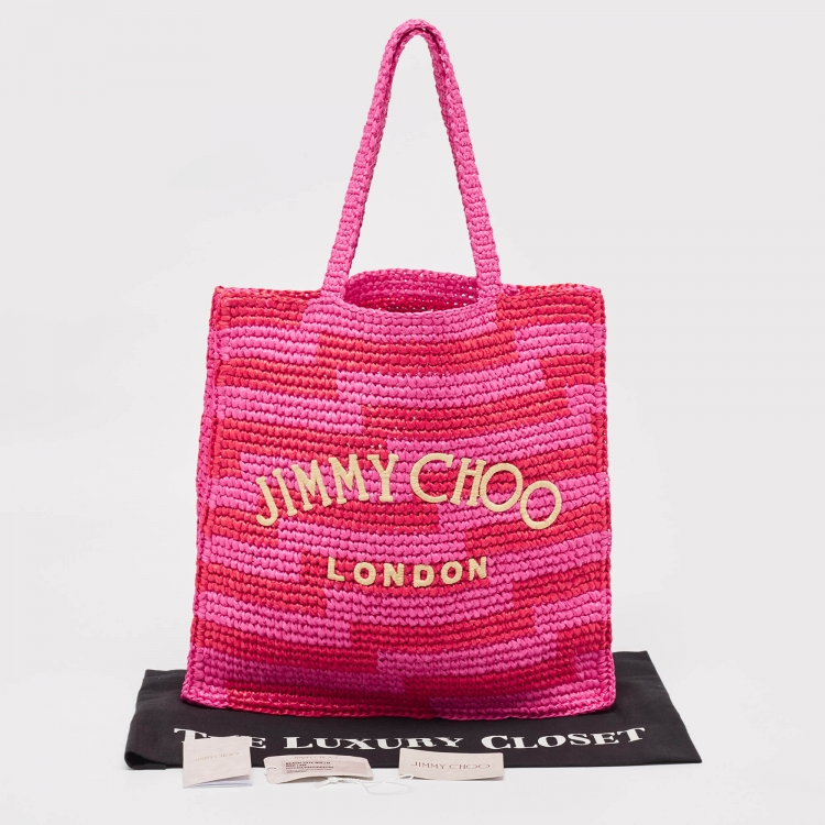 Pre Owned Jimmy Choo Pink/Red Woven Straw Beach Tote 