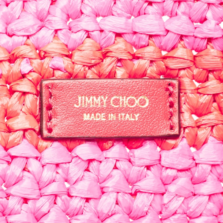 Pre Owned Jimmy Choo Pink/Red Woven Straw Beach Tote 