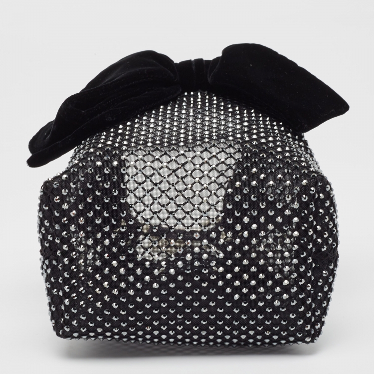 Pre Owned Jimmy Choo Black Mesh Nylon Crystal Studded Bow Velvet Bon Bon Bag