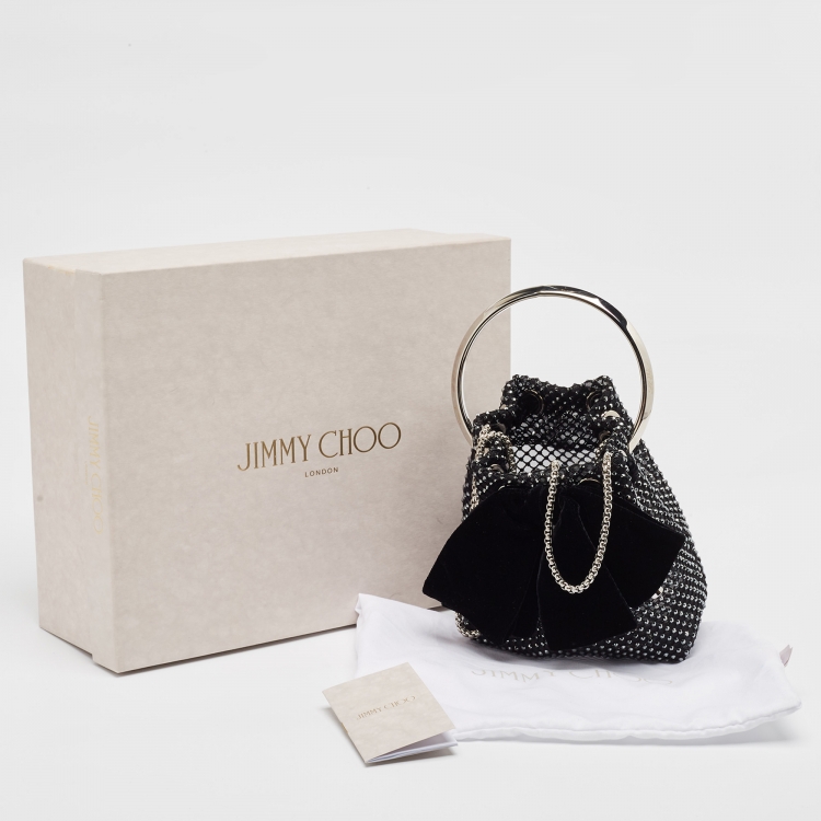 Pre Owned Jimmy Choo Black Mesh Nylon Crystal Studded Bow Velvet Bon Bon Bag