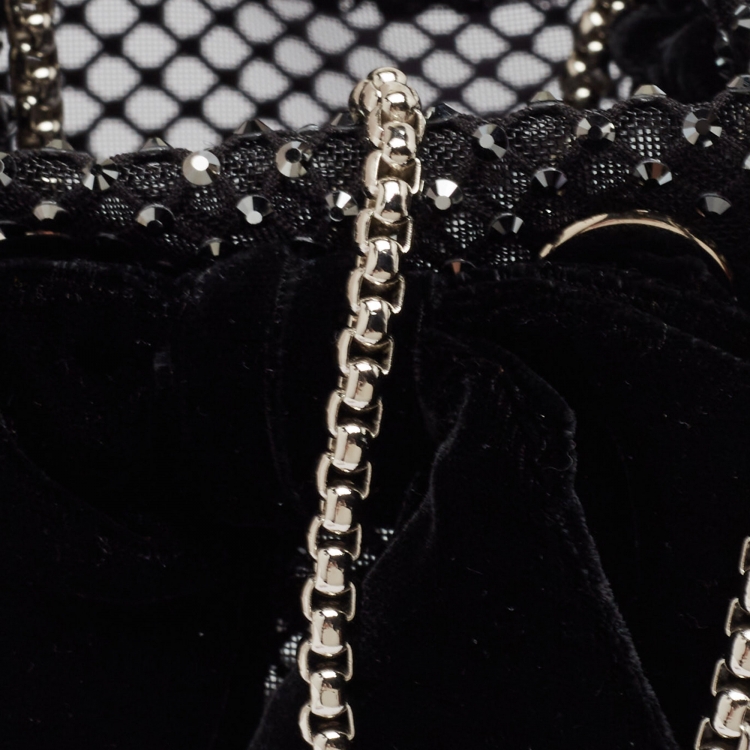 Pre Owned Jimmy Choo Black Mesh Nylon Crystal Studded Bow Velvet Bon Bon Bag
