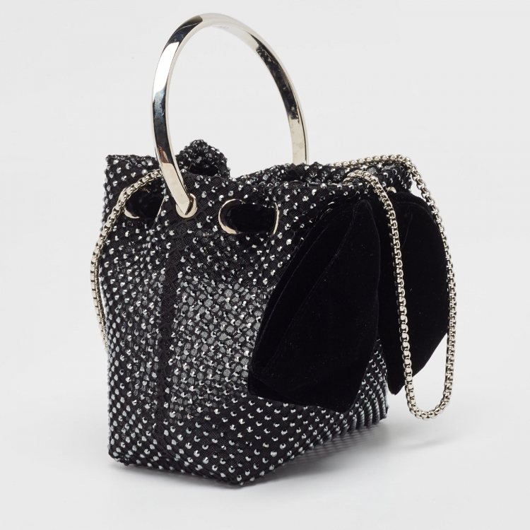 Pre Owned Jimmy Choo Black Mesh Nylon Crystal Studded Bow Velvet Bon Bon Bag