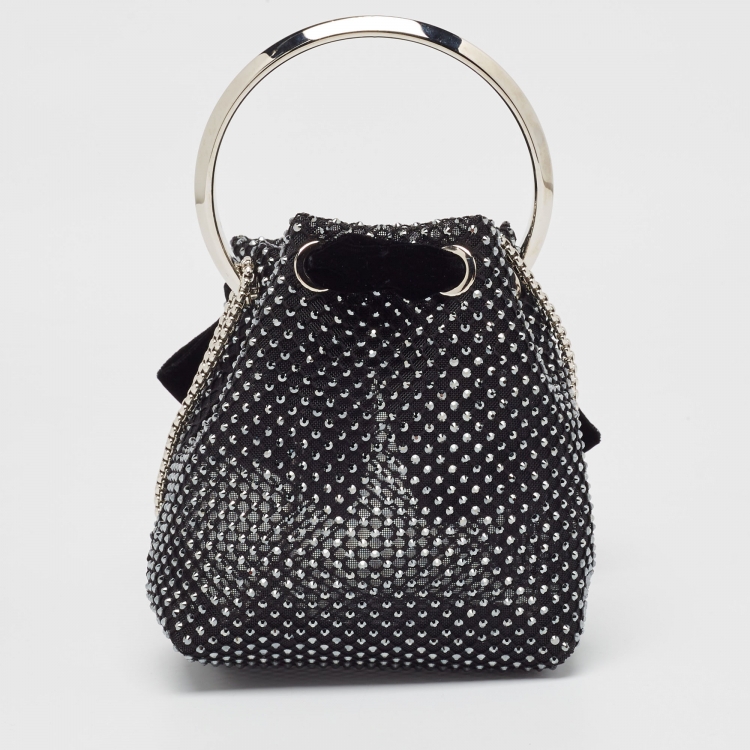 Pre Owned Jimmy Choo Black Mesh Nylon Crystal Studded Bow Velvet Bon Bon Bag