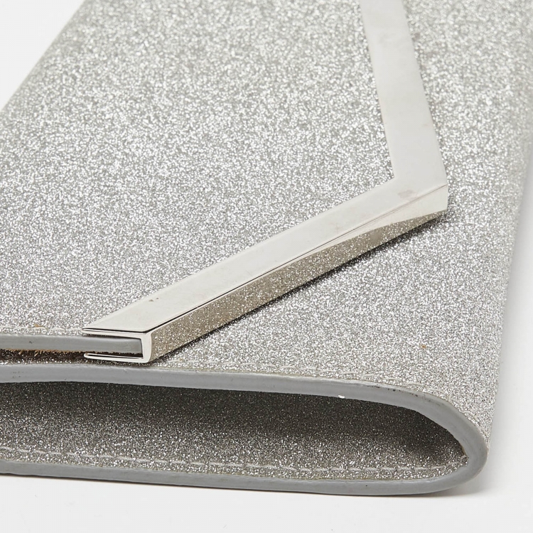 Pre Owned Jimmy Choo Silver Coarse Glitter Emmie Clutch