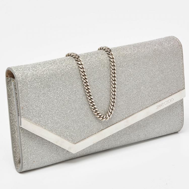 Pre Owned Jimmy Choo Silver Coarse Glitter Emmie Clutch