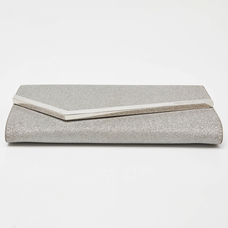 Pre Owned Jimmy Choo Silver Coarse Glitter Emmie Clutch