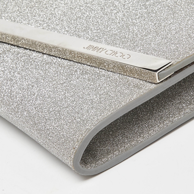 Pre Owned Jimmy Choo Silver Coarse Glitter Emmie Clutch
