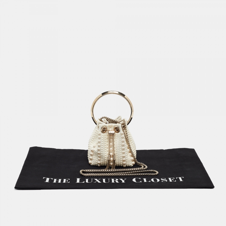 Pre Owned Jimmy Choo Ivory Satin Micro Pearl Embellished Bon Bon Bucket Bag
