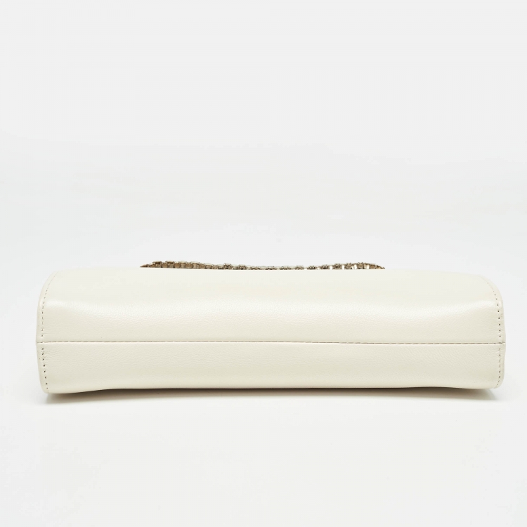 Pre Owned Jimmy Choo Off White Leather Crystal Embellished Venus Clutch On Chain