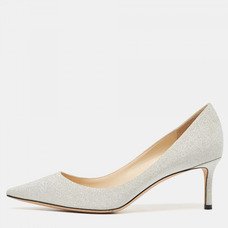 Pre Owned Jimmy Choo Silver Glitter Romy Pumps Size 39