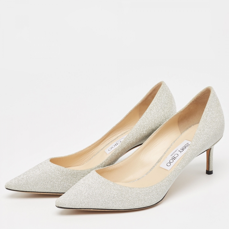 Pre Owned Jimmy Choo Silver Glitter Romy Pumps Size 39