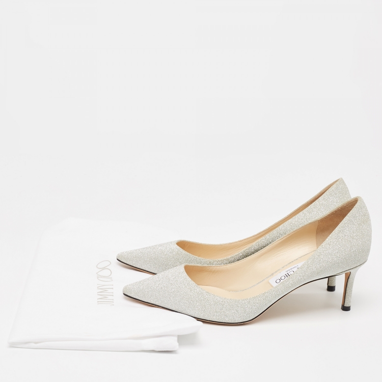 Pre Owned Jimmy Choo Silver Glitter Romy Pumps Size 39
