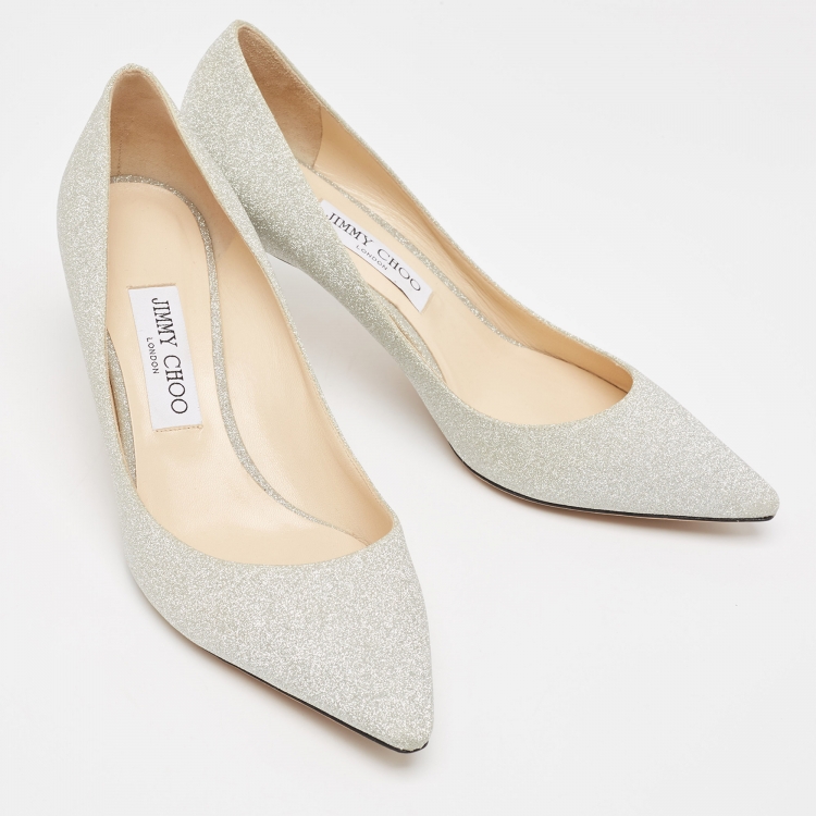 Pre Owned Jimmy Choo Silver Glitter Romy Pumps Size 39