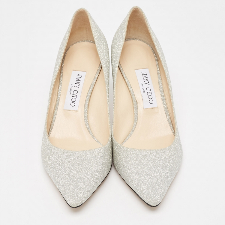 Pre Owned Jimmy Choo Silver Glitter Romy Pumps Size 39
