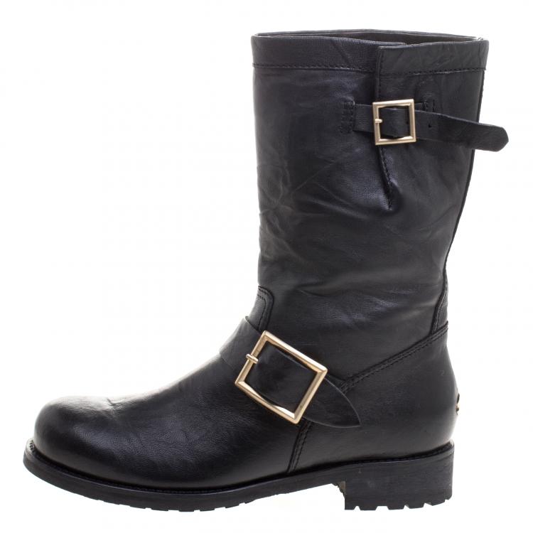 Pre Owned Jimmy Choo Black Leather Biker Boots Size 36