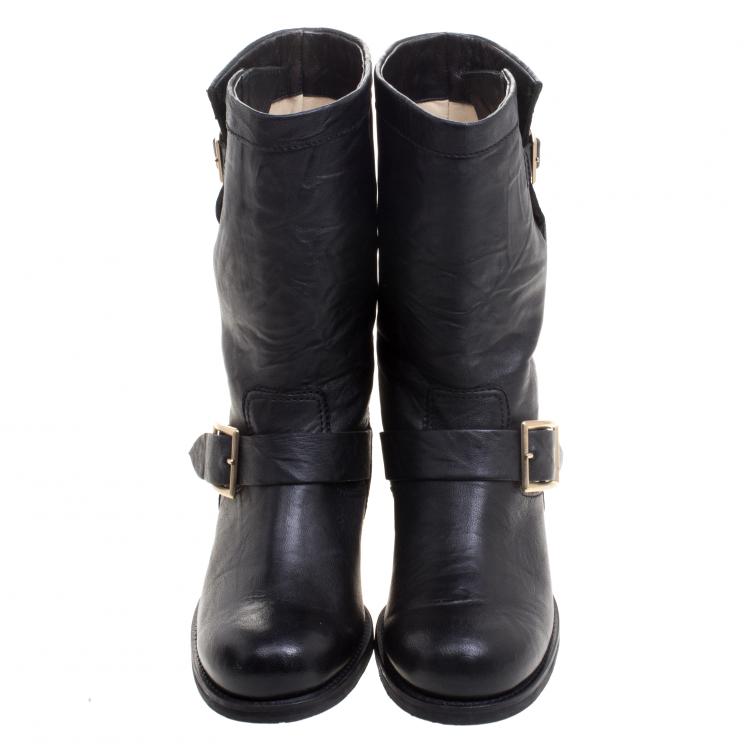 Pre Owned Jimmy Choo Black Leather Biker Boots Size 36