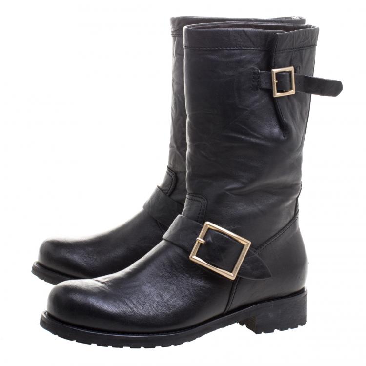 Pre Owned Jimmy Choo Black Leather Biker Boots Size 36