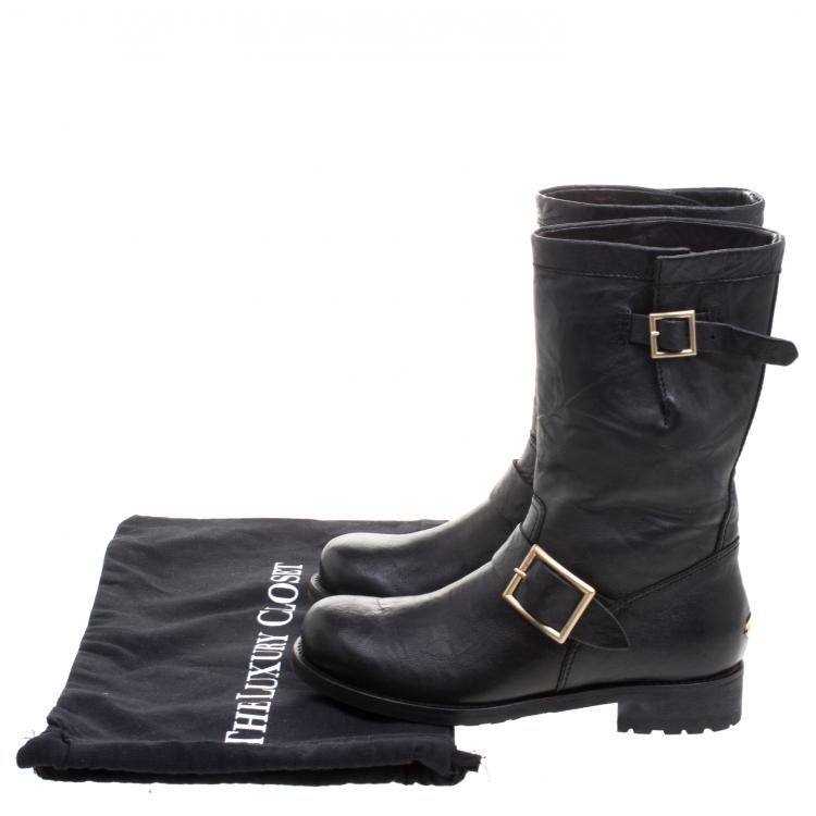 Pre Owned Jimmy Choo Black Leather Biker Boots Size 36