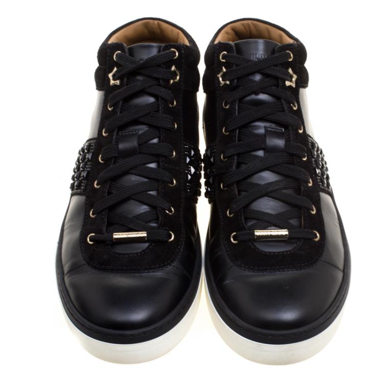 Pre Owned Jimmy Choo Black Leather And Crystal Studded Suede Bells Lace Up Sneakers Size 39.5