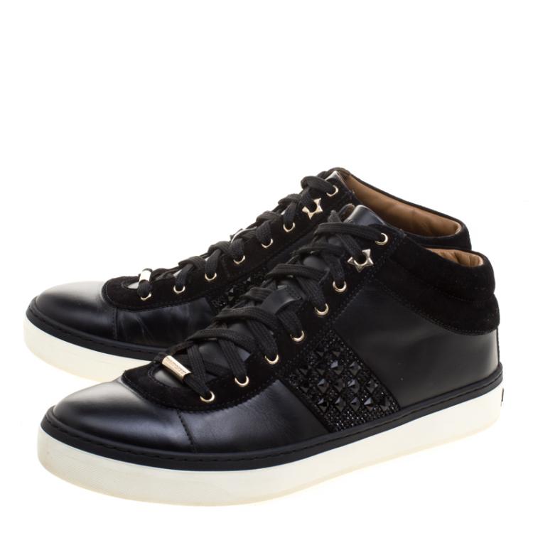 Pre Owned Jimmy Choo Black Leather And Crystal Studded Suede Bells Lace Up Sneakers Size 39.5