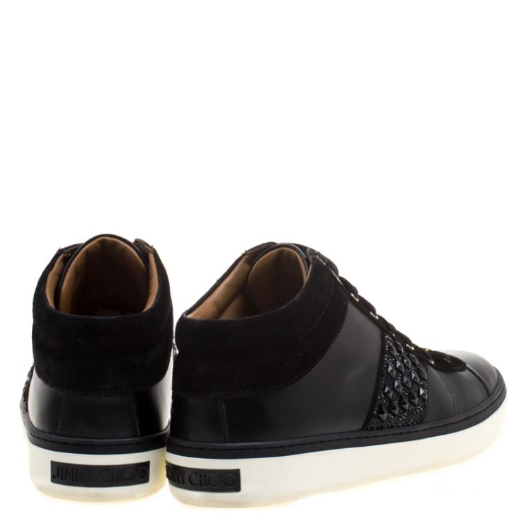 Pre Owned Jimmy Choo Black Leather And Crystal Studded Suede Bells Lace Up Sneakers Size 39.5