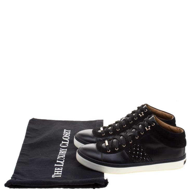 Pre Owned Jimmy Choo Black Leather And Crystal Studded Suede Bells Lace Up Sneakers Size 39.5