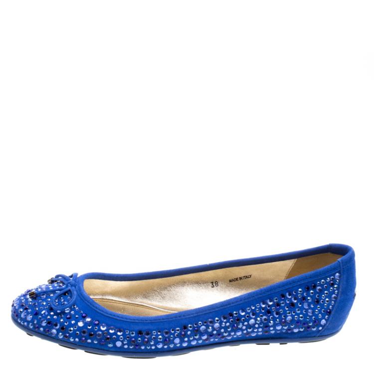 Pre Owned Jimmy Choo Blue Crystal Embellished Suede Weber Ballet Flats Size 38
