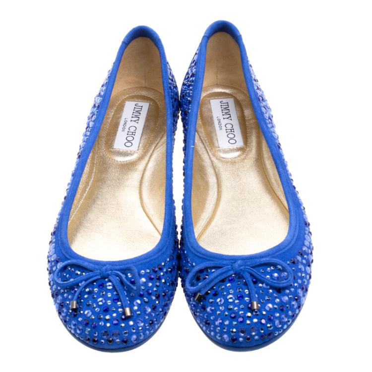 Pre Owned Jimmy Choo Blue Crystal Embellished Suede Weber Ballet Flats Size 38