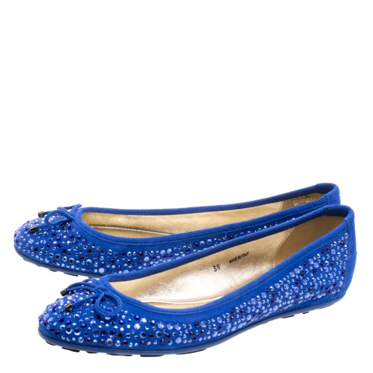 Pre Owned Jimmy Choo Blue Crystal Embellished Suede Weber Ballet Flats Size 38