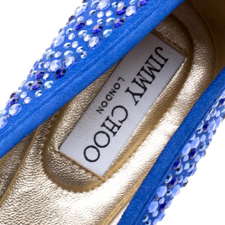Pre Owned Jimmy Choo Blue Crystal Embellished Suede Weber Ballet Flats Size 38