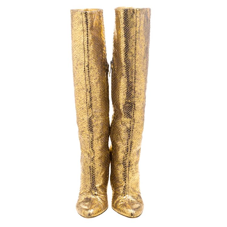 Pre Owned Jimmy Choo Metallic Gold Snakeskin Knee High Boots Size 39.5