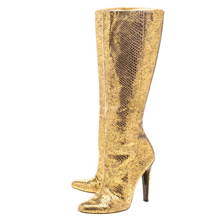 Pre Owned Jimmy Choo Metallic Gold Snakeskin Knee High Boots Size 39.5
