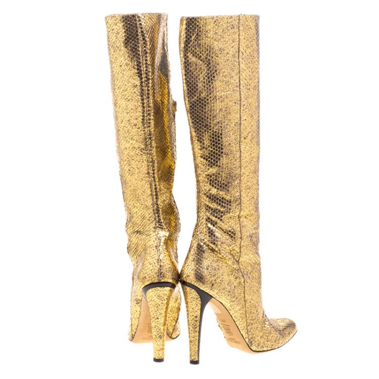 Pre Owned Jimmy Choo Metallic Gold Snakeskin Knee High Boots Size 39.5