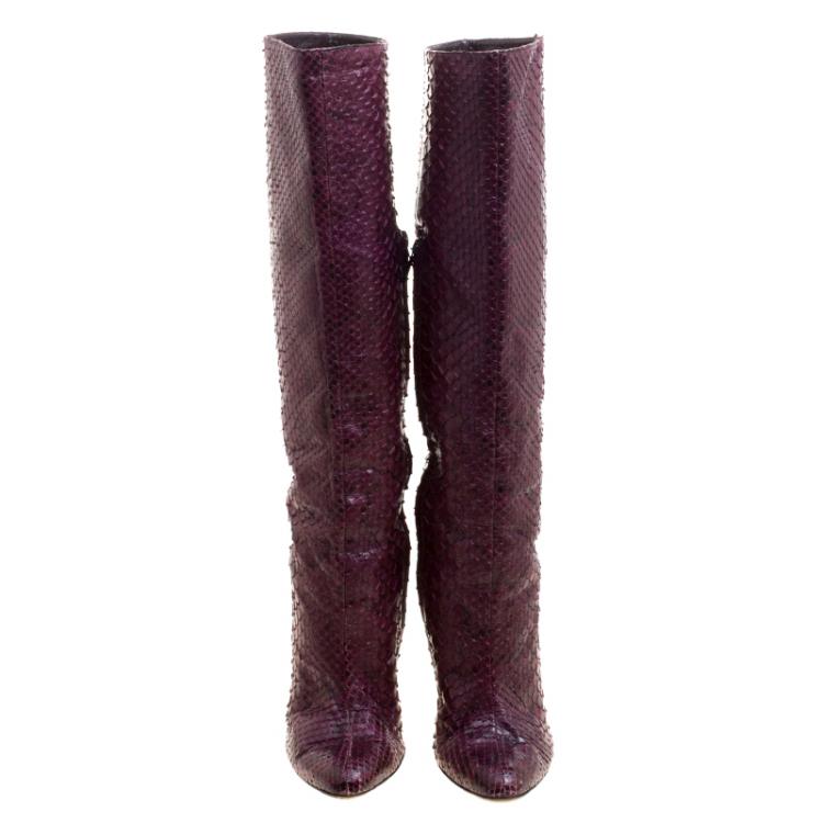 Pre Owned Jimmy Choo Burgundy Python Leather Knee High Boots Size 39