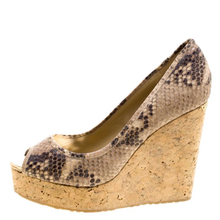 Pre Owned Jimmy Choo Beige Snakeskin Embossed Leather Papina Peep Toe Cork Wedge Pumps Size 36