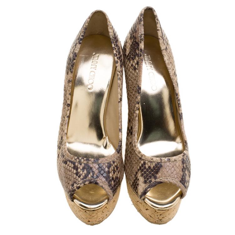 Pre Owned Jimmy Choo Beige Snakeskin Embossed Leather Papina Peep Toe Cork Wedge Pumps Size 36