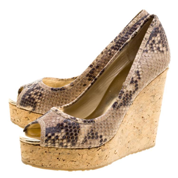 Pre Owned Jimmy Choo Beige Snakeskin Embossed Leather Papina Peep Toe Cork Wedge Pumps Size 36