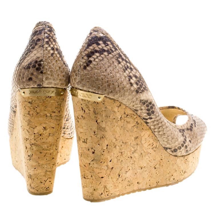Pre Owned Jimmy Choo Beige Snakeskin Embossed Leather Papina Peep Toe Cork Wedge Pumps Size 36