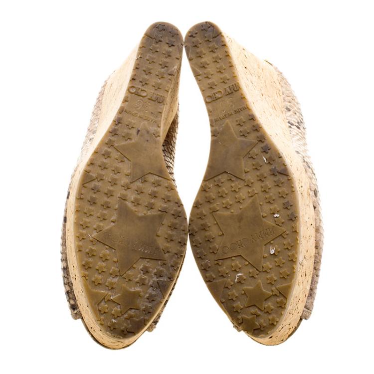 Pre Owned Jimmy Choo Beige Snakeskin Embossed Leather Papina Peep Toe Cork Wedge Pumps Size 36