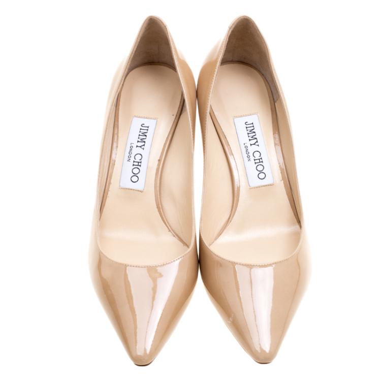 Pre Owned Jimmy Choo Beige Patent Leather Romy Pointed Toe Pumps Size 37