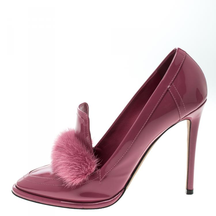 Pre Owned Jimmy Choo Pink Patent Leather Mink Fur Trim Lyza Loafer Pumps Size 37