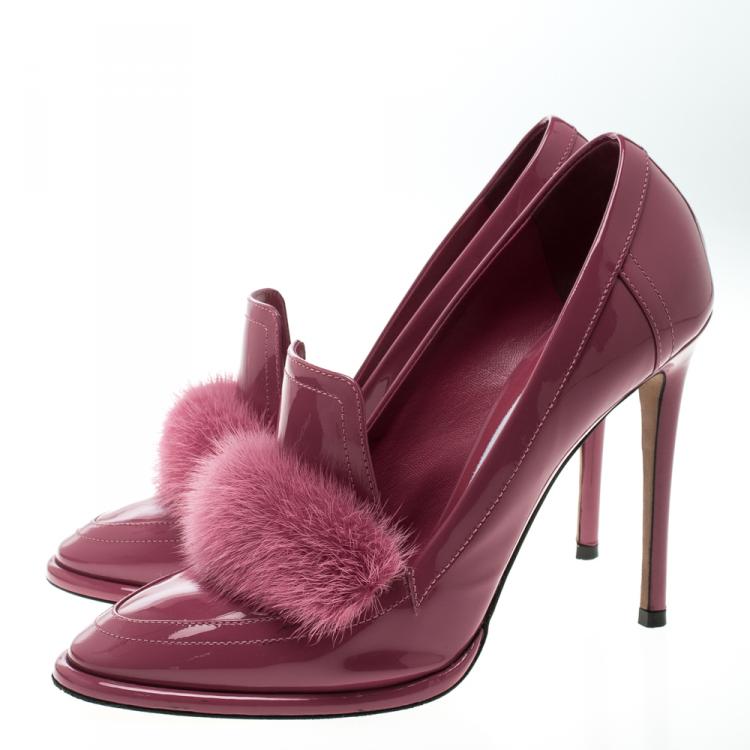 Pre Owned Jimmy Choo Pink Patent Leather Mink Fur Trim Lyza Loafer Pumps Size 37