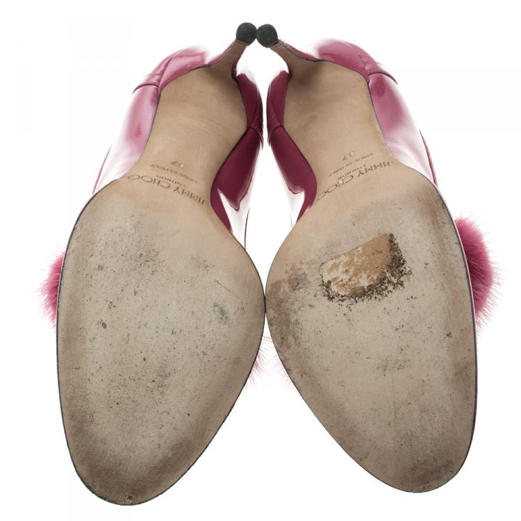 Pre Owned Jimmy Choo Pink Patent Leather Mink Fur Trim Lyza Loafer Pumps Size 37