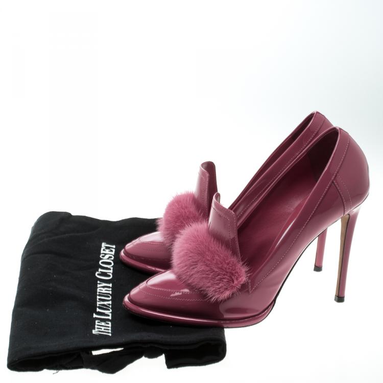 Pre Owned Jimmy Choo Pink Patent Leather Mink Fur Trim Lyza Loafer Pumps Size 37