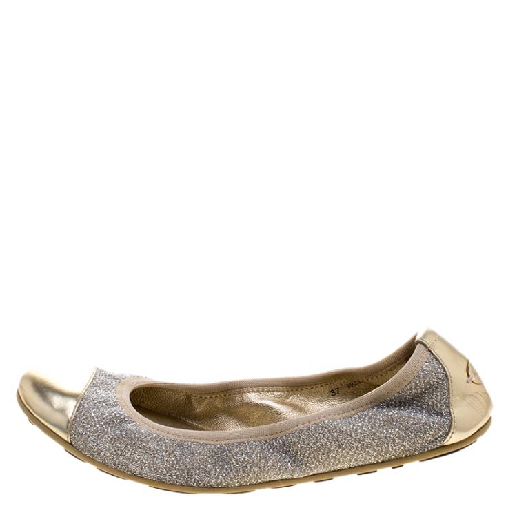 Pre Owned Jimmy Choo Silver Lamè and Metallic Leather Cap Toe Winnie Scrunch Ballet Flats Size 37